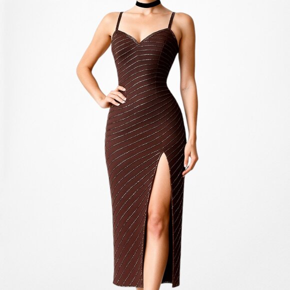 Vintage Y2K Brown Beaded Silk Knee Length Side Slit Bodycon Dress Size XS - Picture 2 of 7